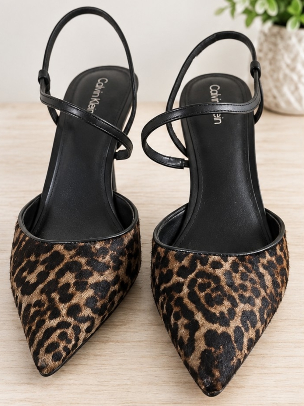Calvin Klein Leopard Print Pointed-Toe Slingback Flats in Black and Brown